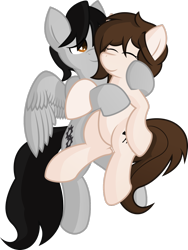 Size: 1024x1361 | Tagged: safe, artist:plone, imported from derpibooru, oc, oc only, oc:kaethela, oc:steamworks, pegasus, pony, cuddling, shipping, simple background, snuggling, transparent background