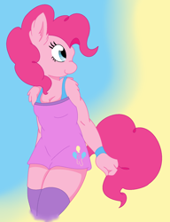 Size: 1316x1712 | Tagged: safe, artist:ambris, artist:eclispeluna, imported from derpibooru, pinkie pie, anthro, clothes, dress, female, gradient background, socks, solo, thigh highs