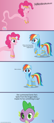 Size: 4096x9312 | Tagged: safe, artist:parclytaxel, imported from derpibooru, pinkie pie, rainbow dash, spike, dragon, genie, genie pony, pony, ain't never had friends like us, .svg available, :i, absurd resolution, armband, ask, bottle, comic, floating, gem, gradient background, grin, headband, jewelry, laughing, looking at you, scar, smiling, tumblr, vector