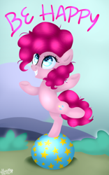 Size: 380x610 | Tagged: safe, artist:marimey, imported from derpibooru, pinkie pie, pony, ball, female, filly, solo, standing, standing on one leg