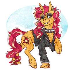 Size: 900x874 | Tagged: safe, artist:sun-shimmer, imported from derpibooru, sunset shimmer, classical unicorn, pony, unicorn, abstract background, choker, clothes, cloven hooves, ear piercing, eyeshadow, female, jacket, leather jacket, leonine tail, makeup, piercing, punk, punkset shimmer, raised hoof, simple background, solo, spiked choker, unshorn fetlocks, white background