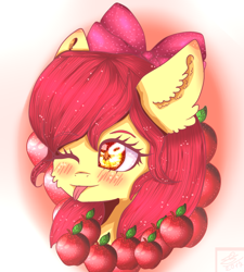 Size: 660x733 | Tagged: safe, artist:whitedeorange12, imported from derpibooru, apple bloom, pony, abstract background, bust, female, one eye closed, portrait, solo, tongue out, wink