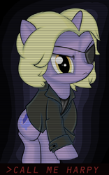 Size: 1476x2362 | Tagged: safe, artist:zaid val'roa, derpibooru exclusive, imported from derpibooru, dinky hooves, pony, unicorn, alternate hairstyle, clothes, crossover, escape from new york, eyepatch, fanfic, fanfic art, female, jacket, scan lines, snake plissken, solo