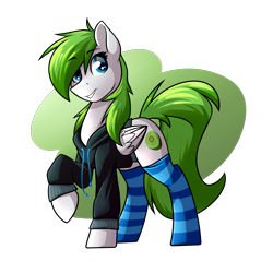 Size: 3000x3000 | Tagged: safe, artist:rubywave32, imported from derpibooru, oc, oc only, oc:kiwi blaze, earth pony, pegasus, pony, clothes, commission, cute, female, hoodie, looking at you, mare, ocbetes, raised hoof, socks, solo, striped socks, sweater