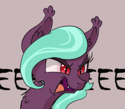Size: 560x490 | Tagged: safe, artist:tehflah, imported from derpibooru, oc, oc only, oc:wicked ways, bat pony, pony, angry, animated, ear fluff, eeee, eyeshadow, fangs, female, fluffy, frown, gif, glare, gray background, makeup, mare, open mouth, simple background, solo