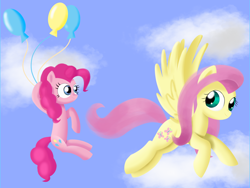 Size: 4000x3000 | Tagged: safe, artist:songbirdserenade, imported from derpibooru, fluttershy, pinkie pie, pony, balloon, duo, floating, flying, looking at each other, sky, spread wings, then watch her balloons lift her up to the sky