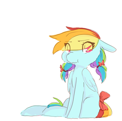 Size: 730x724 | Tagged: safe, artist:braindead, imported from derpibooru, rainbow dash, pegasus, pony, alternate hairstyle, bow, cute, dashabetes, eye clipping through hair, female, folded wings, hair bow, missing cutie mark, pigtails, scrunchy face, simple background, sitting, solo, tail bow, white background