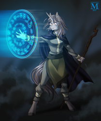 Size: 1085x1300 | Tagged: safe, artist:margony, imported from derpibooru, oc, oc only, anthro, unguligrade anthro, clothes, magic, magic circle, male, solo, spell, staff