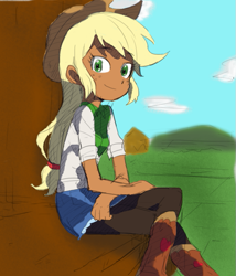 Size: 561x654 | Tagged: safe, artist:baekgup, color edit, edit, editor:rmzero, imported from derpibooru, applejack, human, boots, clothes, colored, colored background, cowboy boots, cowboy hat, crossed legs, cute, dark skin, female, food, hat, humanized, jackabetes, pantyhose, sitting, solo