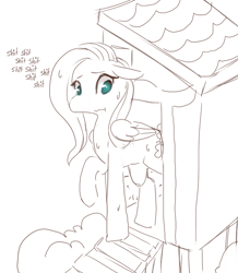 Size: 666x764 | Tagged: safe, artist:braindead, imported from derpibooru, fluttershy, pegasus, pony, chicken coop, female, floppy ears, monochrome, partial color, raised hoof, scrunchy face, sketch, solo, stuck, vulgar