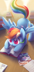 Size: 874x1819 | Tagged: safe, artist:dawnfire, imported from derpibooru, daring do, rainbow dash, pegasus, pony, book, colored pupils, cute, dashabetes, face down ass up, female, happy, mare, pounce, raised tail, reading, signature, smiling, solo, spread wings, tail, wooden floor