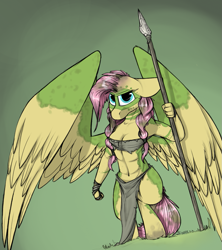 Size: 1169x1317 | Tagged: safe, artist:sinrar, imported from derpibooru, fluttershy, anthro, unguligrade anthro, alternate timeline, badass, bandeau, chrysalis resistance timeline, female, flutterbadass, loincloth, solo, spear, tribal, tribalshy, weapon