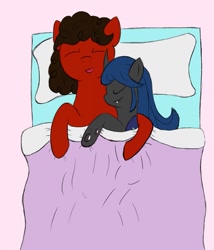 Size: 1097x1280 | Tagged: safe, artist:darthxanatos501, imported from derpibooru, oc, oc only, oc:autumn, oc:sweet scribe, changeling, bed, bedsheets, changeling oc, cuddling, male, pillow, sleeping, snuggling, straight