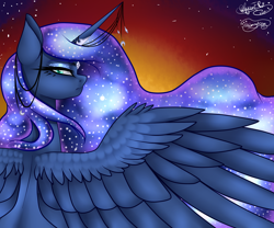 Size: 2400x2000 | Tagged: safe, artist:blazingandonyx, artist:minelvi, imported from derpibooru, princess luna, alicorn, pony, collaboration, colored pupils, female, horn jewelry, jewelry, looking at you, looking back, looking back at you, solo, spread wings, wing fluff