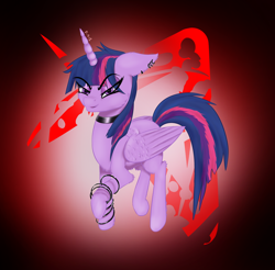 Size: 1024x1007 | Tagged: safe, artist:falling-stars-1, imported from derpibooru, twilight sparkle, alicorn, pony, alternate hairstyle, bracelet, choker, ear piercing, earring, female, jewelry, lidded eyes, piercing, punk, raised hoof, solo, twilight sparkle (alicorn)