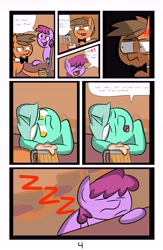 Size: 6742x10342 | Tagged: safe, artist:provolonepone, imported from derpibooru, berry punch, berryshine, lyra heartstrings, oc, pony, comic:lyra's verse, absurd resolution, bowtie, cider, comic, cross-popping veins, sleeping, xd, zzz