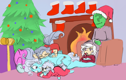 Size: 2136x1368 | Tagged: safe, artist:/d/non, imported from derpibooru, screw loose, oc, oc:anon, oc:bailey, oc:buster, oc:jack, oc:toby, satyr, biting, christmas, family, female, offspring, parent:anon, parent:screw loose, playing, present