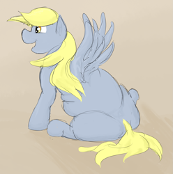 Size: 1415x1428 | Tagged: safe, artist:lupin quill, imported from derpibooru, derpy hooves, pegasus, pony, aderpose, chubby, fat, female, mare, missing cutie mark, simple background, sitting, solo