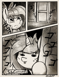 Size: 1432x1863 | Tagged: safe, artist:otakuap, imported from derpibooru, oc, oc only, pony, unicorn, comic, cute, door, female, jojo's bizarre adventure, mare, menacing, monochrome, silly, silly face, silly pony, to be continued, tongue out, ゴ ゴ ゴ