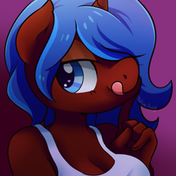 Size: 900x900 | Tagged: safe, artist:talimingi, imported from derpibooru, oc, oc only, oc:emberfrost, anthro, unicorn, breasts, bust, cleavage, clothes, female, licking, licking lips, mare, solo, tongue out