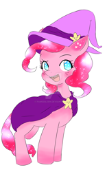 Size: 1024x1639 | Tagged: safe, artist:famedileen, imported from derpibooru, pinkie pie, pony, blushing, cloak, clothes, female, hat, simple background, solo, watermark, white background, witch hat