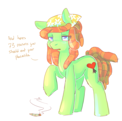 Size: 905x898 | Tagged: safe, artist:braindead, imported from derpibooru, tree hugger, earth pony, pony, drugs, female, joint, marijuana, placenta, solo