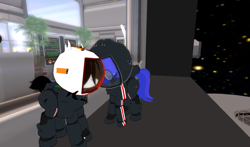 Size: 1308x768 | Tagged: safe, imported from derpibooru, oc, oc only, oc:ebony inks, oc:logic gate, bat pony, pony, unicorn, blue, n7 armor, nose piercing, piercing, romantic, second life, solaris space station, space, spacesuit, touching helmets, white