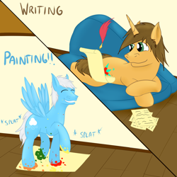Size: 1500x1500 | Tagged: safe, artist:djose-ohara, imported from derpibooru, oc, oc only, oc:djose, oc:jetstream, pegasus, pony, unicorn, painting, prone, quill, spread wings, writing