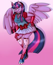 Size: 1049x1280 | Tagged: safe, artist:sinligereep, imported from derpibooru, twilight sparkle, alicorn, anthro, unguligrade anthro, clothes, dress, female, gloves, hand on hip, kneesocks, necklace, shoes, simple background, smiling, socks, solo, twilight sparkle (alicorn)