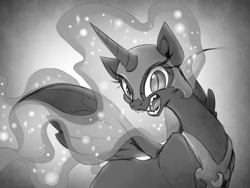 Size: 800x600 | Tagged: safe, artist:thegreatrouge, imported from derpibooru, nightmare moon, alicorn, pony, armor, black and white, female, grayscale, looking at you, mare, missing cutie mark, monochrome, open mouth, snarling, solo, spread wings
