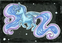 Size: 1024x727 | Tagged: safe, artist:twixyamber, imported from derpibooru, princess luna, alicorn, pony, female, flying, night, smiling, solo, stars, traditional art