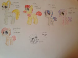 Size: 1024x768 | Tagged: safe, artist:doodletheexpoodle, imported from derpibooru, oc, oc only, oc:balloon ride, oc:gamer guru, oc:macarena, oc:pomegranate pomp, oc:yellow sapphire, earth pony, pegasus, pony, unicorn, offspring, parent:apple bloom, parent:button mash, parent:cherry jubilee, parent:flam, parent:limestone pie, parent:rumble, parent:scootaloo, parent:sweetie belle, parent:tender taps, parent:zephyr breeze, parents:cherryflam, parents:rumbloom, parents:scootamash, parents:tenderbelle, parents:zephyrstone