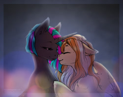 Size: 1280x1013 | Tagged: safe, artist:kerydarling, artist:rrusha, imported from derpibooru, oc, oc only, oc:silver chain, pegasus, pony, unicorn, boop, ear fluff, female, lesbian, noseboop, shipping