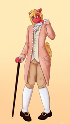Size: 1300x2300 | Tagged: safe, artist:alasou, imported from derpibooru, big macintosh, anthro, plantigrade anthro, alternate universe, cane, clothes, fancy, male, pants, pocket, simple background, solo, uncomfortable, vest