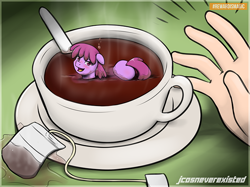 Size: 650x487 | Tagged: safe, artist:jcosneverexisted, imported from derpibooru, berry punch, berryshine, earth pony, human, pony, blushing, cup, cup of pony, drunk, food, go home you're drunk, hand, hot, looking at you, micro, patreon, solo focus, surprised, tea, tiny ponies
