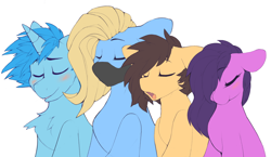 Size: 1280x742 | Tagged: safe, artist:kribbles, imported from derpibooru, oc, oc only, oc:blank space, oc:cold brew, oc:jenny, oc:kribbles, pony, unicorn, blushing, explicit source, eyelashes, eyes closed, open mouth