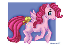 Size: 500x352 | Tagged: safe, artist:babyananas, imported from derpibooru, pinkie pie, pegasus, pony, bow, female, g1, g4, g4 to g1, generation leap, pegasus pinkie pie, race swap, solo, tail bow