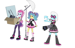 Size: 15019x9659 | Tagged: safe, artist:pink1ejack, imported from derpibooru, photo finish, pixel pizazz, violet blurr, equestria girls, photo finished, absurd resolution, boots, box, camera, clothes, female, high heel boots, shoes, simple background, socks, sunglasses, the snapshots, transparent background, trio, trio female, vector