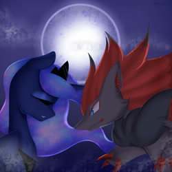 Size: 2000x2000 | Tagged: safe, artist:clefficia, imported from derpibooru, princess luna, alicorn, pony, zoroark, crossover, eyes closed, high res, moon, pokémon