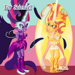 Size: 2560x2560 | Tagged: safe, artist:cybersquirrel, imported from derpibooru, sci-twi, sunset shimmer, twilight sparkle, equestria girls, daydream shimmer, feather, for science, force field, midnight sparkle, tickling