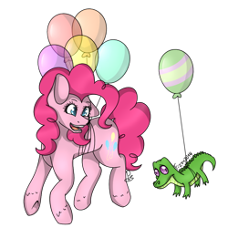 Size: 894x894 | Tagged: safe, artist:fizzy2014, artist:soundwavepie, imported from derpibooru, gummy, pinkie pie, balloon, floating, simple background, then watch her balloons lift her up to the sky, transparent background