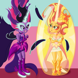 Size: 2560x2560 | Tagged: safe, artist:cybersquirrel, imported from derpibooru, sci-twi, sunset shimmer, twilight sparkle, equestria girls, daydream shimmer, feather, force field, midnight sparkle, tickling