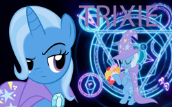 Size: 1082x670 | Tagged: safe, artist:enigmamystere, imported from derpibooru, trixie, pony, bipedal, cape, clothes, eyes closed, female, flower, hat, raised eyebrow, smiling, solo, trixie's cape, trixie's hat, wallpaper