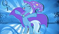 Size: 2450x1440 | Tagged: safe, artist:alanfernandoflores01, imported from derpibooru, trixie, pony, unicorn, cape, clothes, cutie mark, eyes closed, female, hat, mare, open mouth, rearing, smiling, solo, trixie's cape, trixie's hat, wallpaper