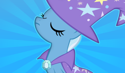 Size: 2450x1440 | Tagged: safe, artist:alanfernandoflores01, imported from derpibooru, trixie, pony, unicorn, cape, clothes, eyes closed, female, hat, mare, solo, trixie's cape, trixie's hat, wallpaper