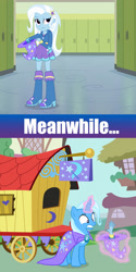 Size: 1800x3600 | Tagged: safe, artist:greenmachine987, artist:jeatz-axl, artist:thegreenmachine987, artist:vector-brony, imported from derpibooru, trixie, equestria girls, boots, cape, clothes, comic, hand, hat, high heel boots, high heels, hoodie, human ponidox, jacket, lockers, self ponidox, shirt, shoes, skirt, solo, surprised, trixie's cape, trixie's hat, trixie's wagon, wizard hat