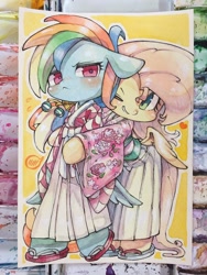 Size: 1536x2048 | Tagged: safe, artist:mosamosa_n, imported from derpibooru, fluttershy, rainbow dash, pony, semi-anthro, arm hooves, clothes, hakama, hug, kimono (clothing), sandals, traditional art, watercolor painting, zori