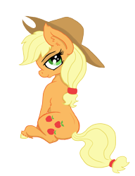 Size: 1770x2307 | Tagged: safe, artist:paskanaakka, derpibooru exclusive, imported from derpibooru, applejack, earth pony, pony, applejack's hat, colored hooves, cowboy hat, ear fluff, female, hat, lidded eyes, looking at you, looking back, simple background, sitting, smiling, solo, transparent background