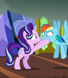 Size: 391x447 | Tagged: safe, imported from derpibooru, screencap, rainbow dash, starlight glimmer, pony, every little thing she does, cropped, cute, dashabetes, face grab, fiducia compellia, mind control, out of context, squishy cheeks