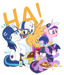 Size: 1075x1250 | Tagged: safe, artist:dm29, imported from derpibooru, flash sentry, princess cadance, shining armor, spike, twilight sparkle, alicorn, dragon, pegasus, pony, unicorn, american football, chips, cider, cute, diasentres, drinking hat, female, flashlight, food, football helmet, gloating, hat, helmet, julian yeo is trying to murder us, male, mare, nachos, shipping, simple background, stallion, straight, stunned, super bowl, transparent background, twilight sparkle (alicorn)